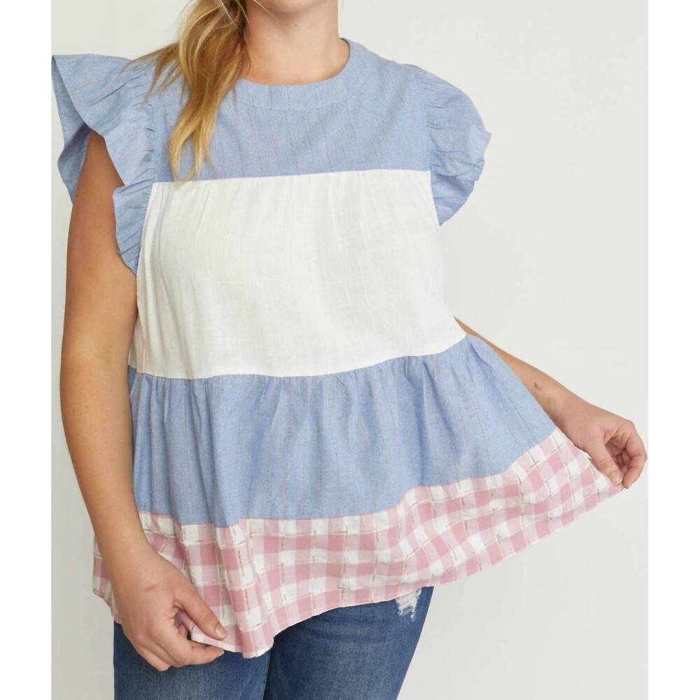 NEW ENTRO mixed print tiered top in blue - Picture 7 of 8